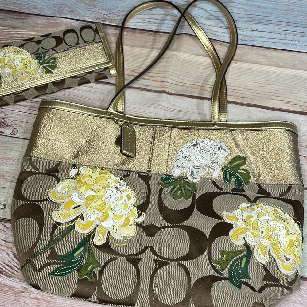Coach Gold and Brown Floral Signature Tote with Yellow and White Appliqué